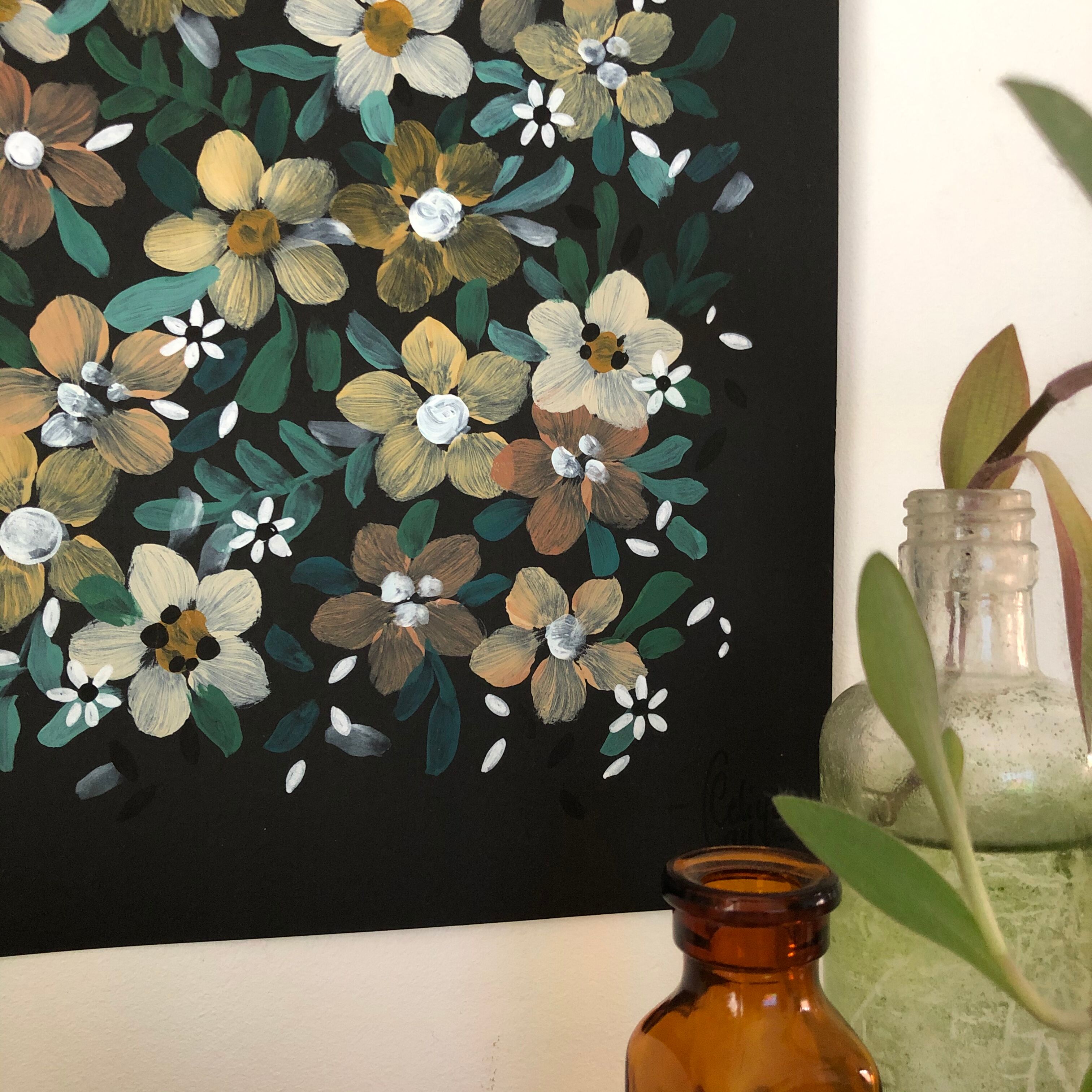 Peinture a4 fleurs jaunes et blanches