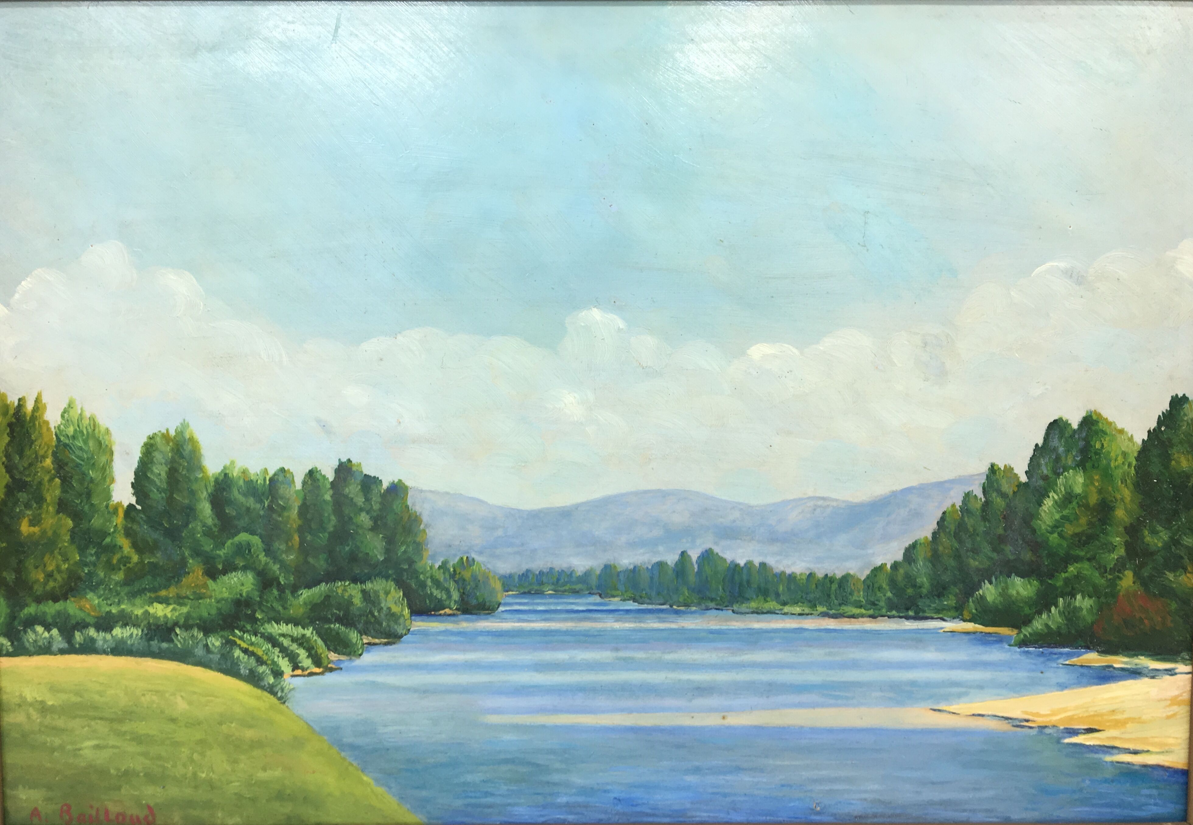Tableau paysage au lac signé a Bailloud  années 50/70