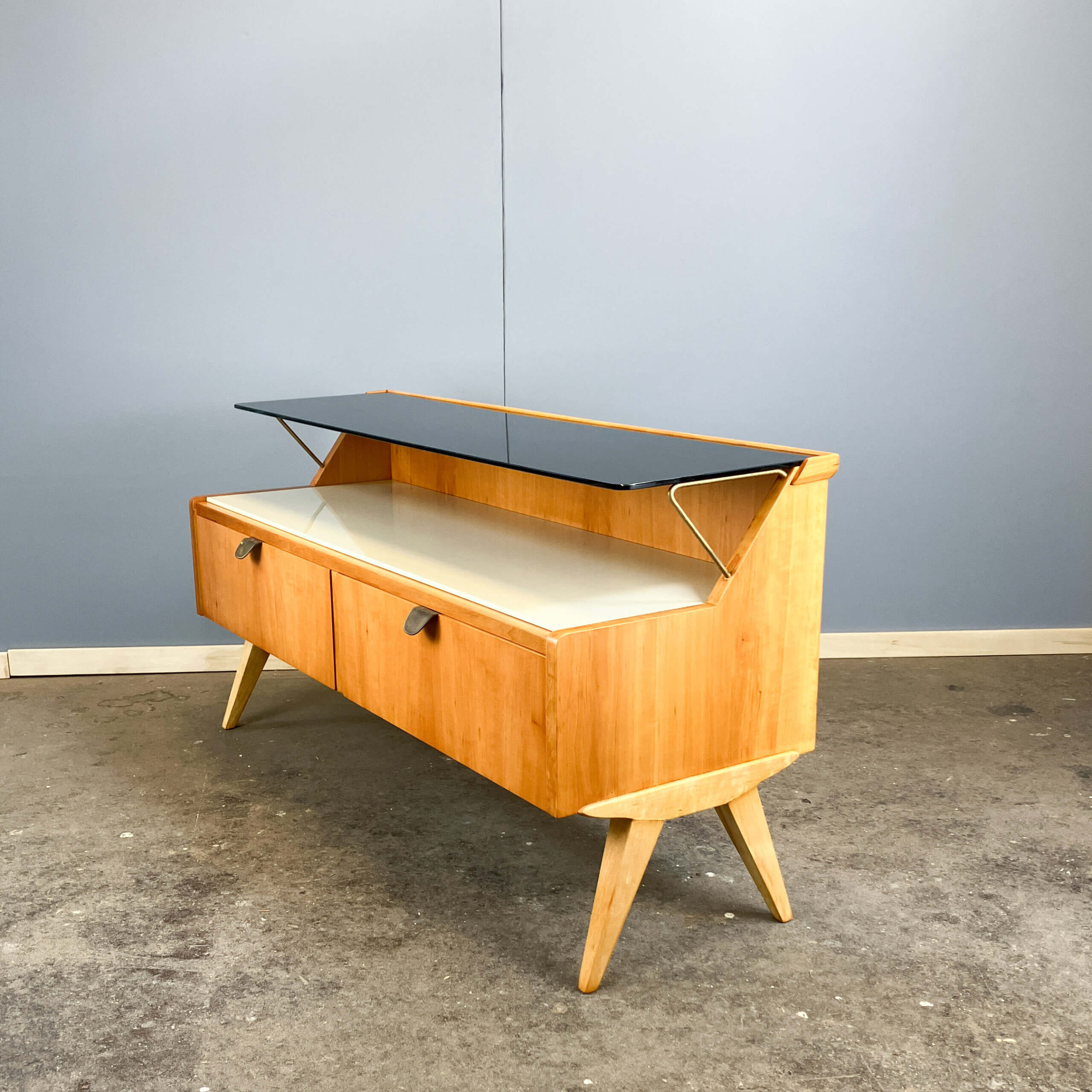 Small chest of drawers by WK Möbel with black and white glass top, pear wood, 1950s
