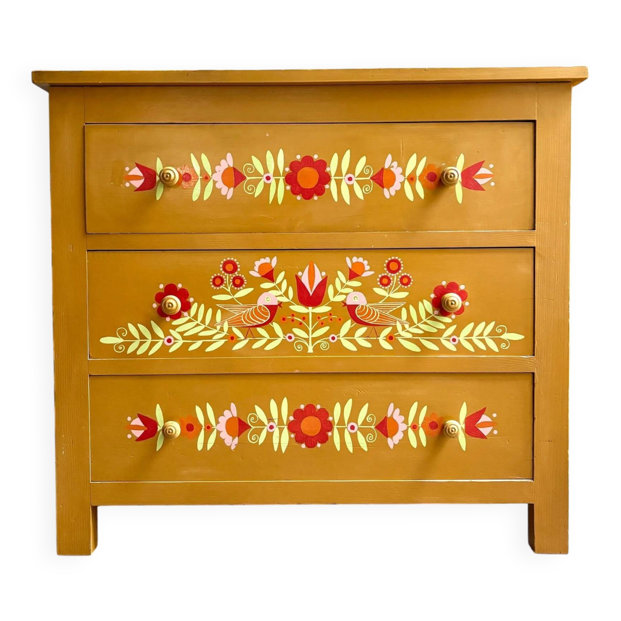 Commode 3 tiroirs en bois ocre et décorée à la main