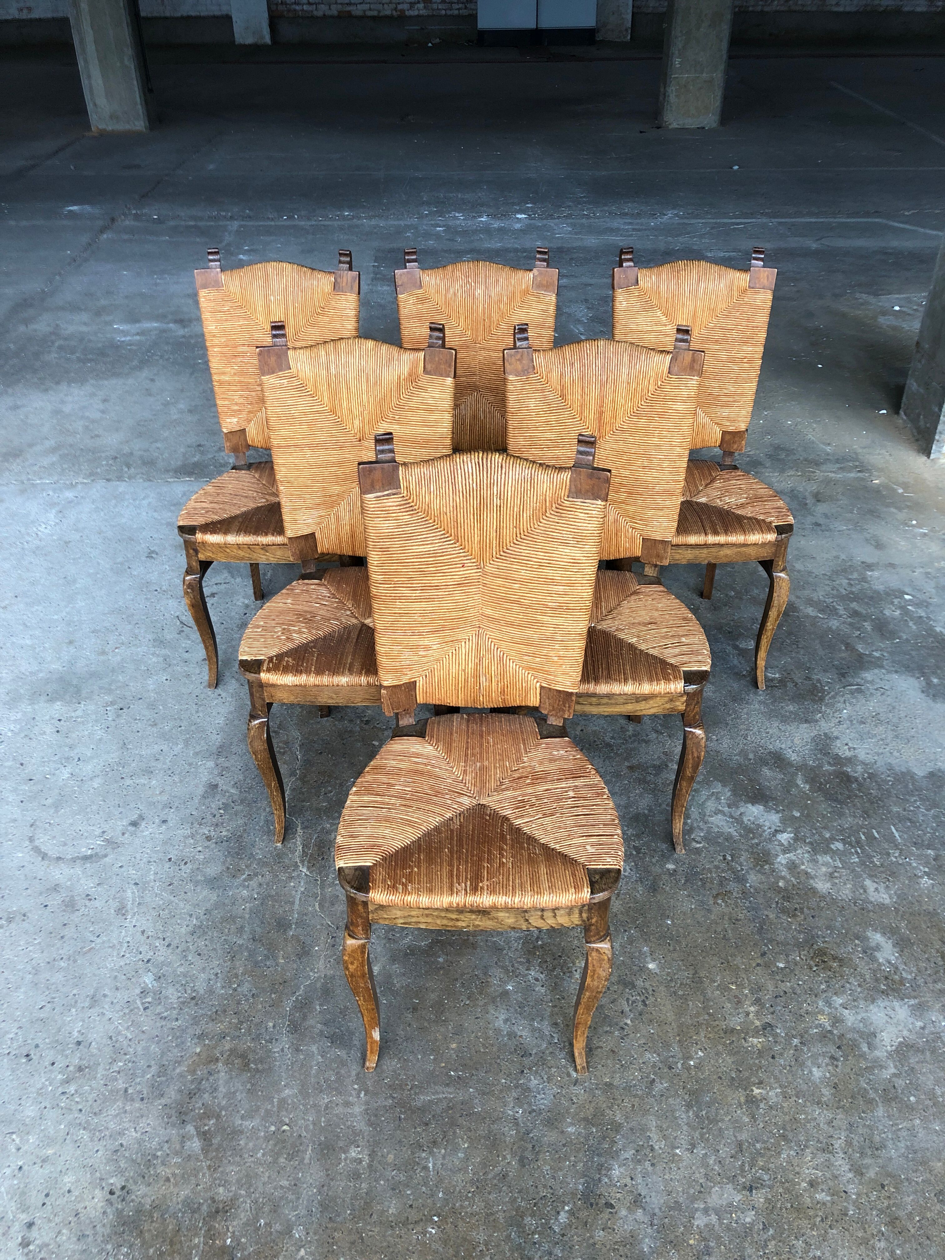 Dining chairs with rush made of oak wood, France 1950s, Set of 6