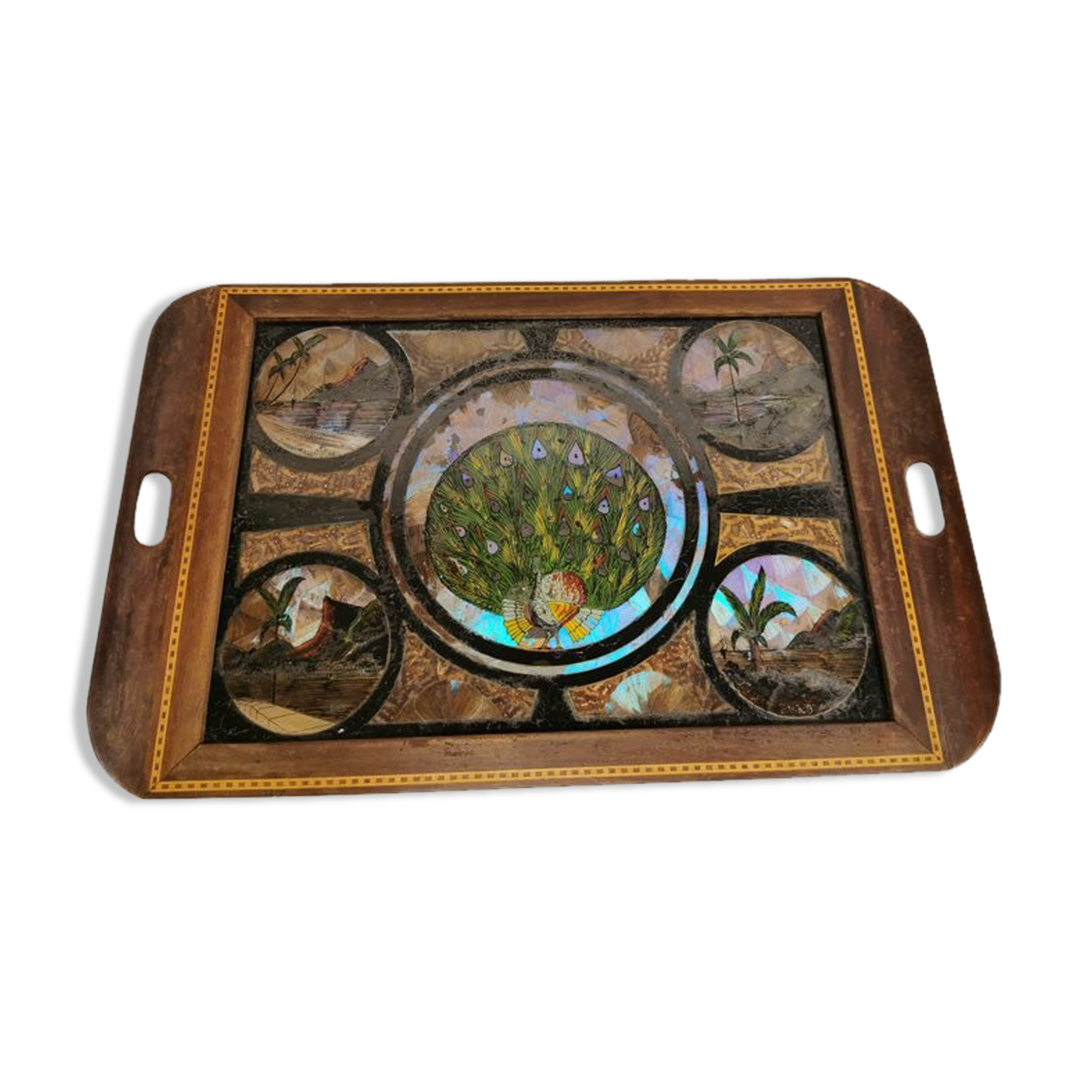 Plateau de service antique en bois d’acajou, verre et nacre