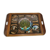 Plateau de service antique en bois d’acajou, verre et nacre