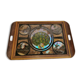 Plateau de service antique en bois d’acajou, verre et nacre