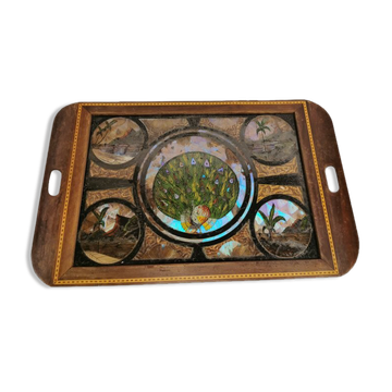 Antique serving tray done in mahogany wood, glass and mother of pearl