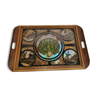 Antique serving tray done in mahogany wood, glass and mother of pearl