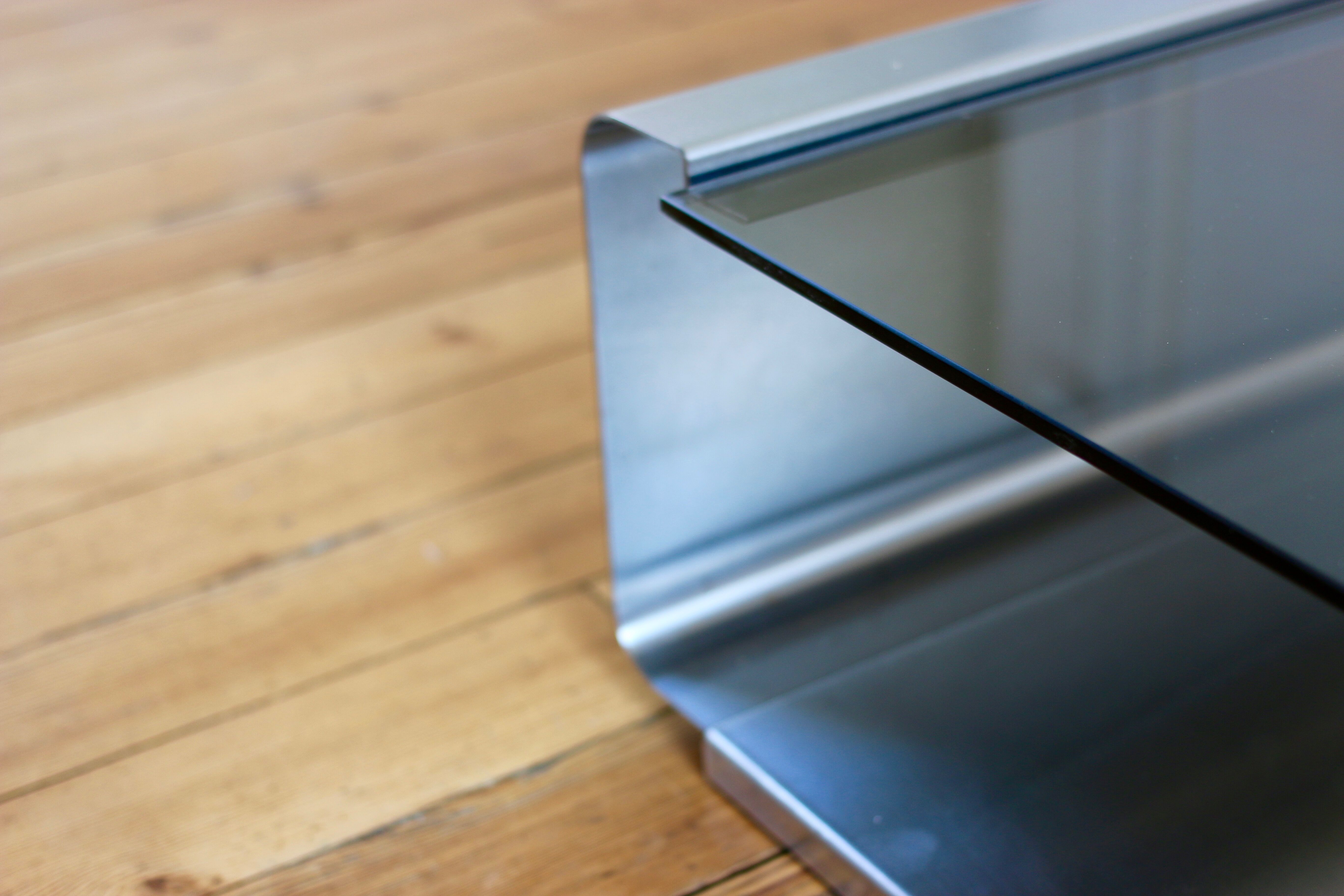 Table low vintage 1970s stainless and glass Jean-François Monnet
