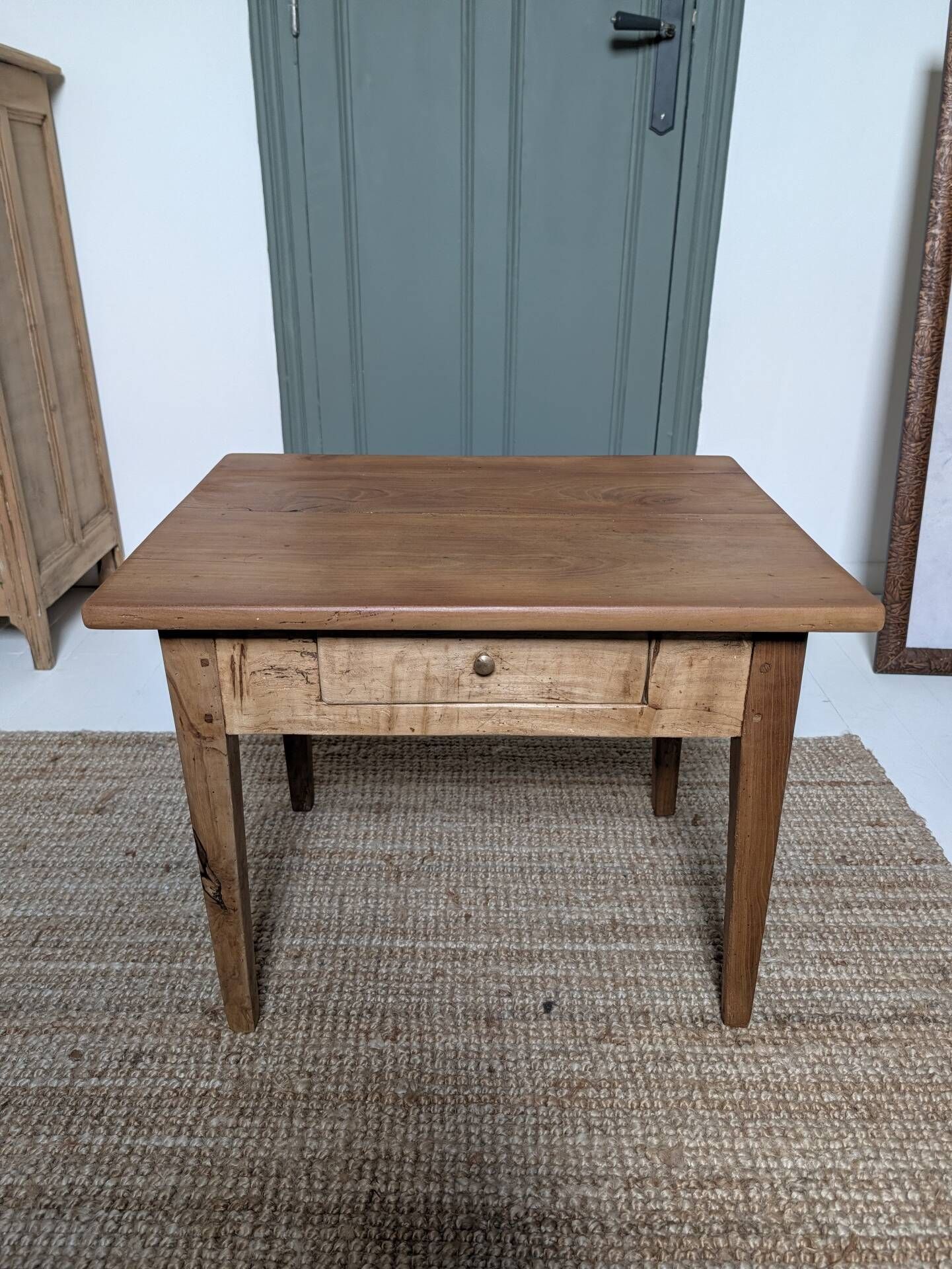 Small antique wooden coffee table with drawer, country style.
