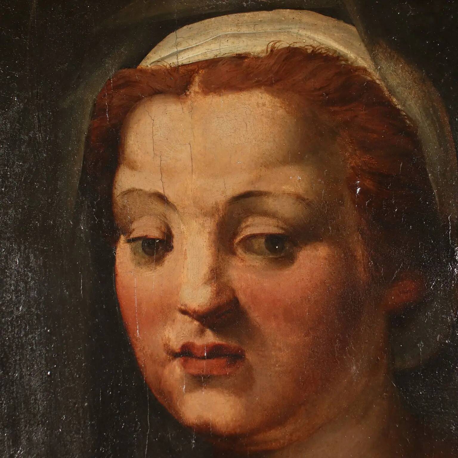 Ancient painting Female head attributed to A. Del Sarto, tempera on wood