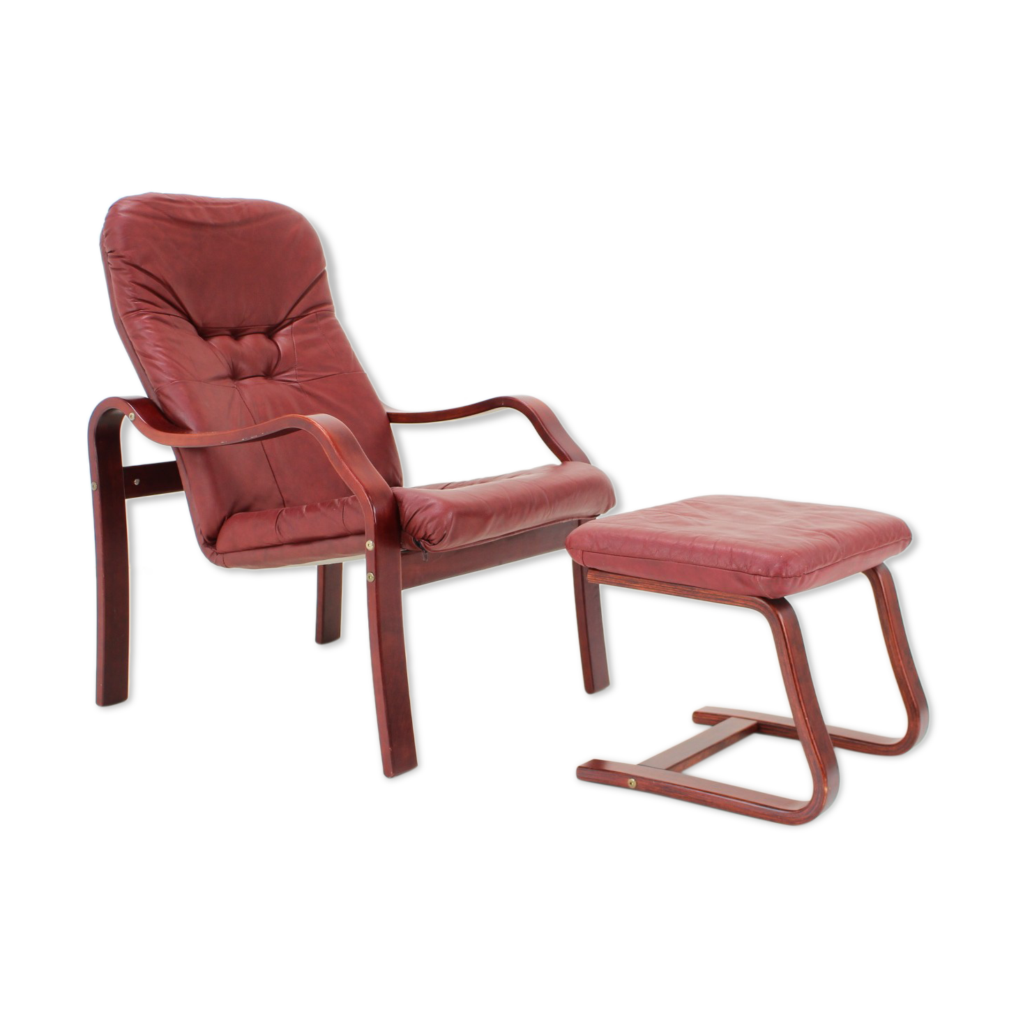 1980 Leather Armchair With Footrest, Ton Czechoslovakia