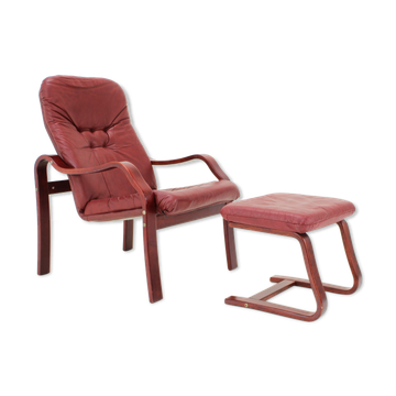 1980 Leather Armchair With Footrest, Ton Czechoslovakia
