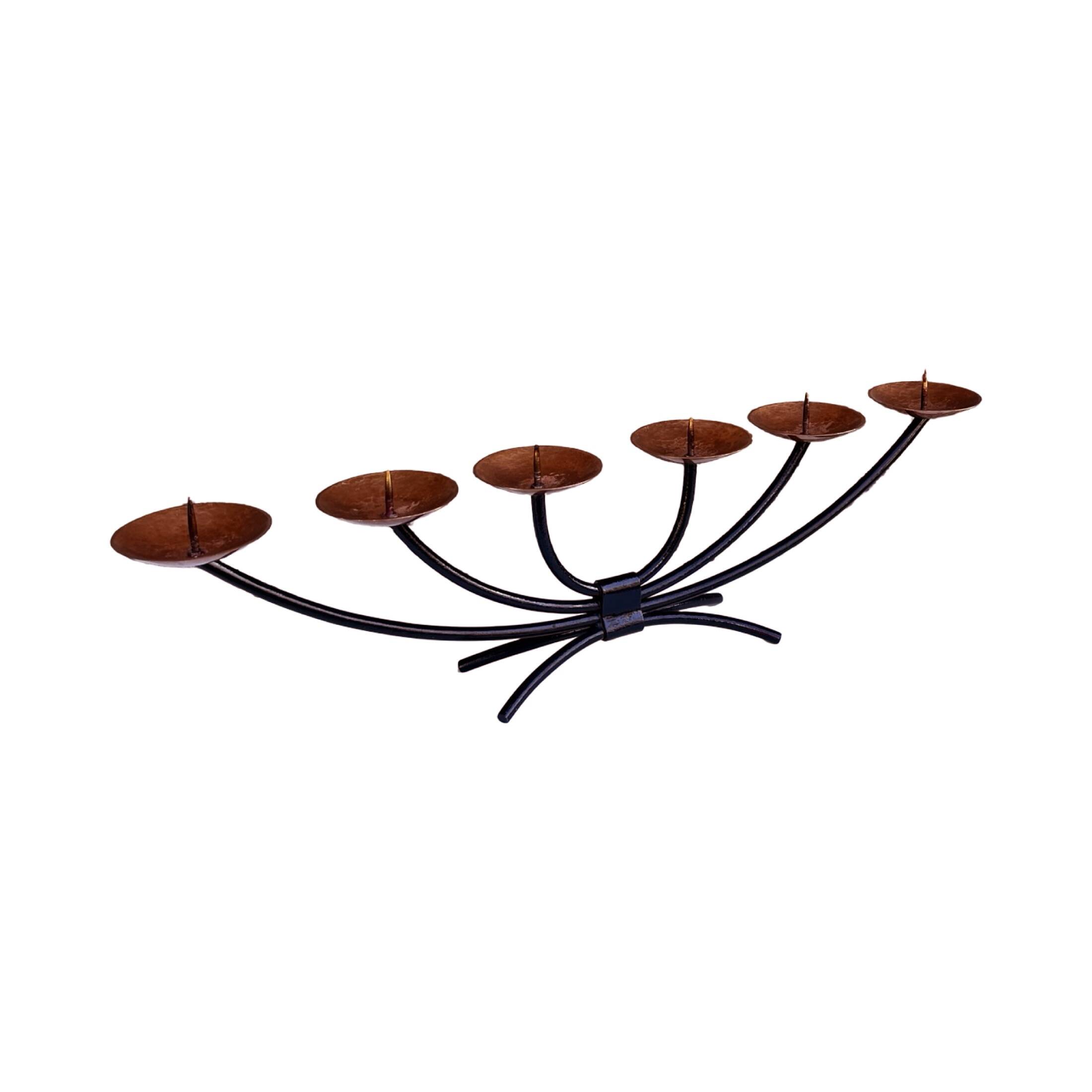 Metal candlestick with forged copper plates – metalwork, Scandinavia, 1970s