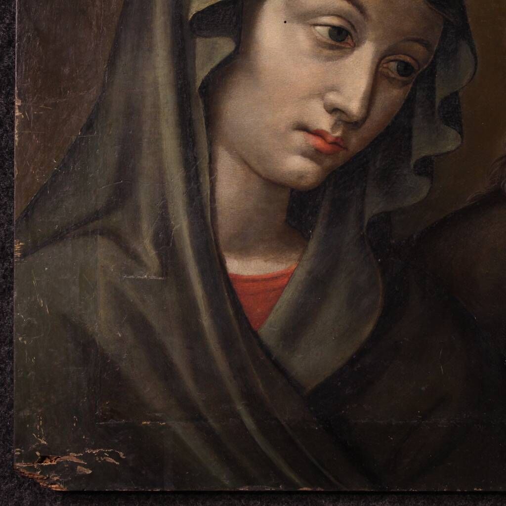 Antique French painting on panel, Christ and the Madonna from 18th century