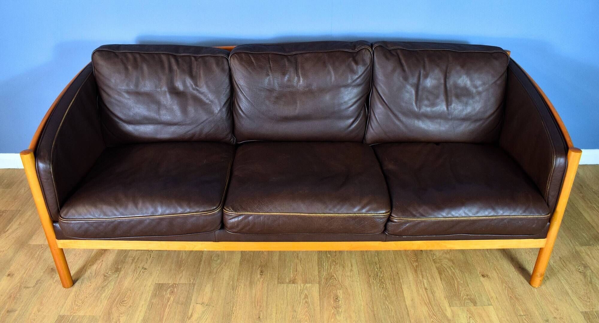 Stouby brown leather & cherry wood 3 seat sofa 1970s