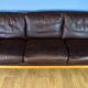 Stouby brown leather & cherry wood 3 seat sofa 1970s