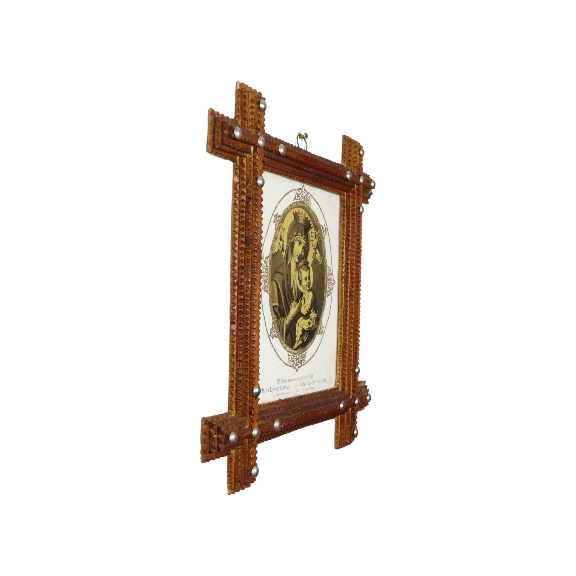 Antique tramp art frame frame wood metal studs late 19th century france