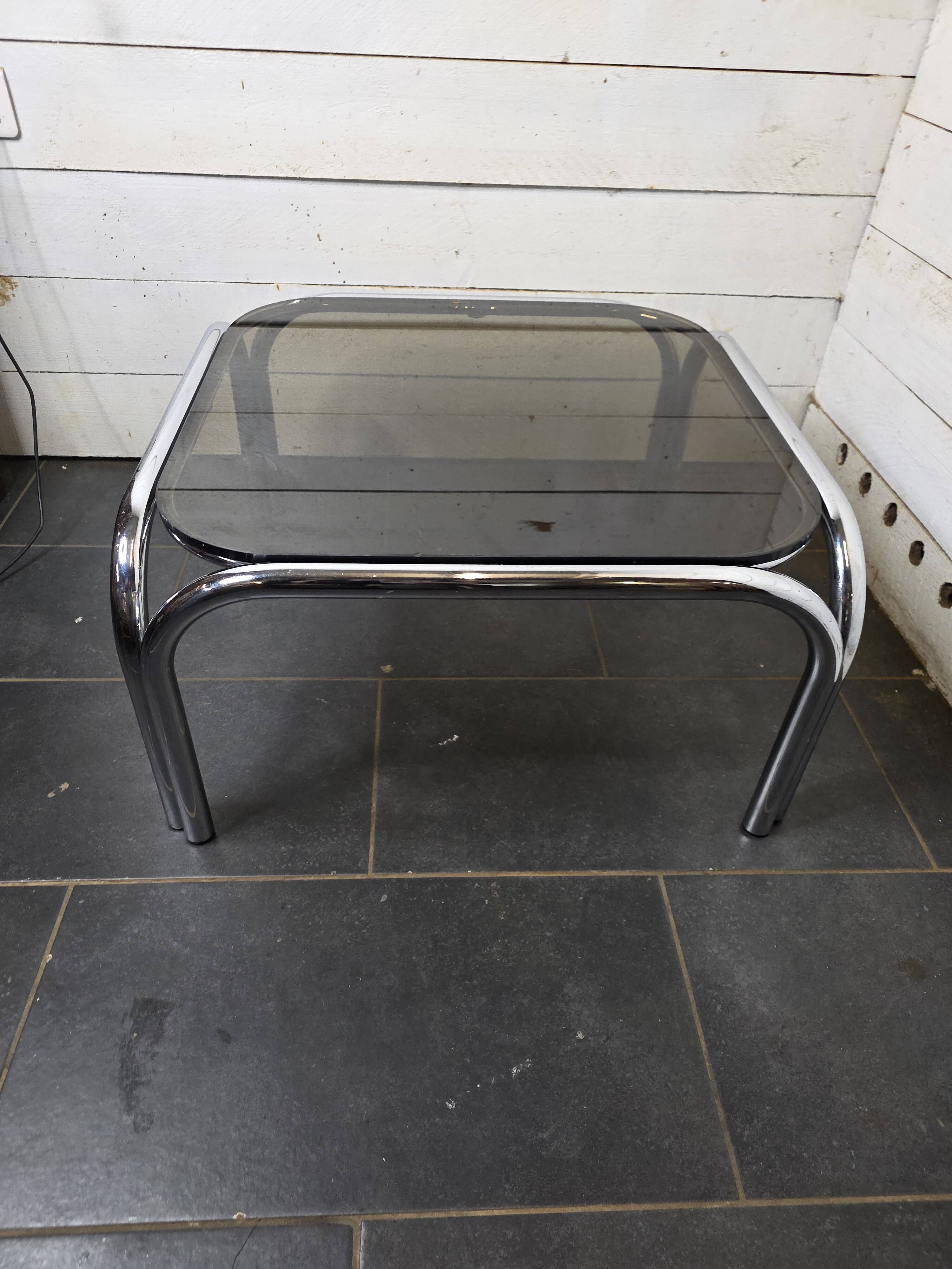Chrome metal coffee table with smoked glass top from the 70s