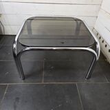 Chrome metal coffee table with smoked glass top from the 70s