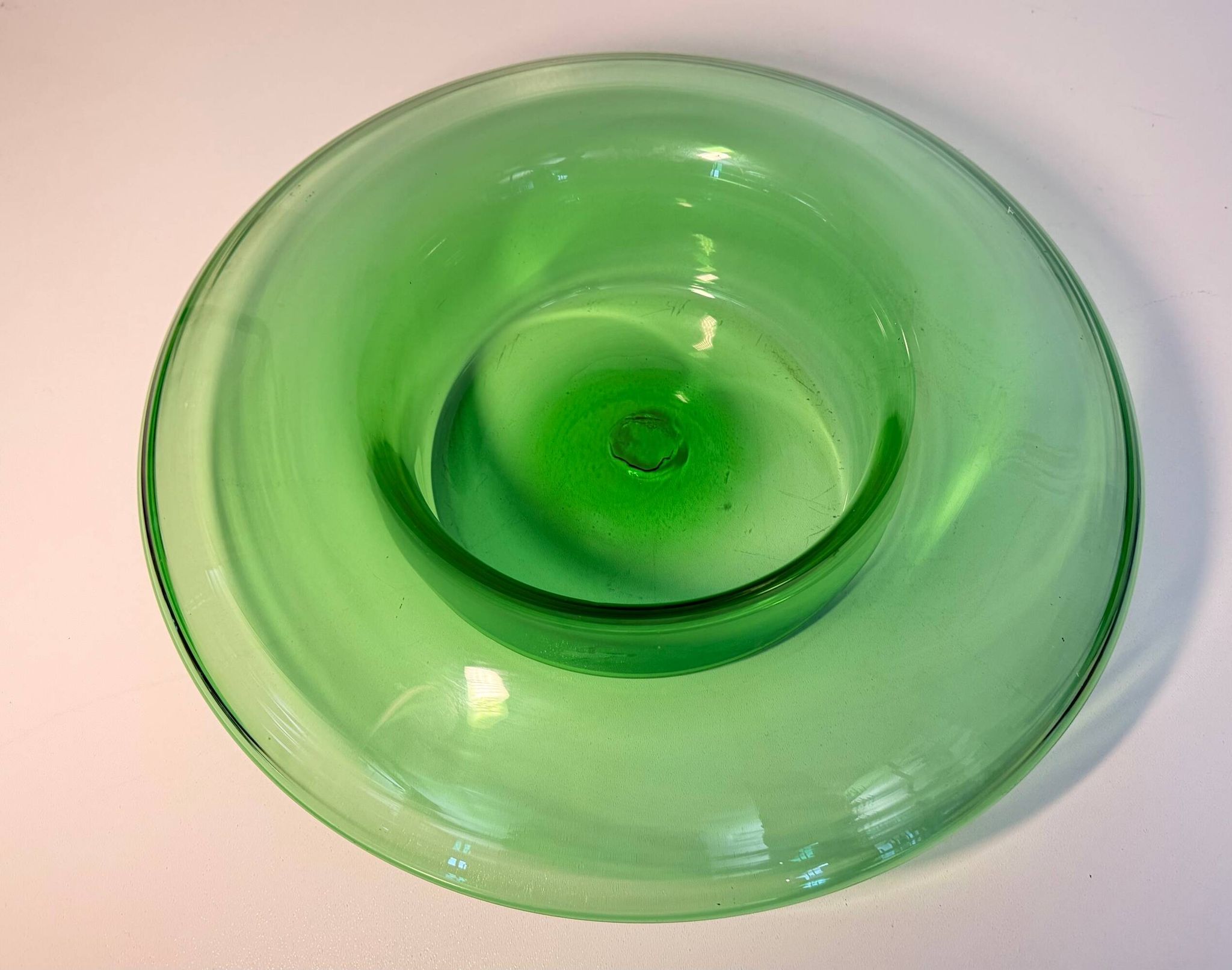 Vintage Hand Blown Green Glass Centerpiece Bowl, Empoli, Italy, 1970s