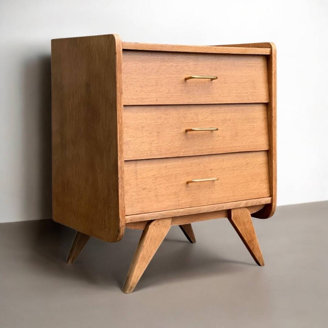 Vintage chest of drawers with compass feet, raw oak, 1960