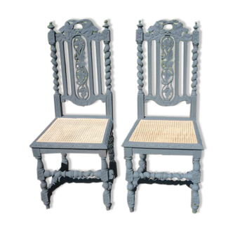 Paire de 2 chaises sculptées néo-renaissance Henri II