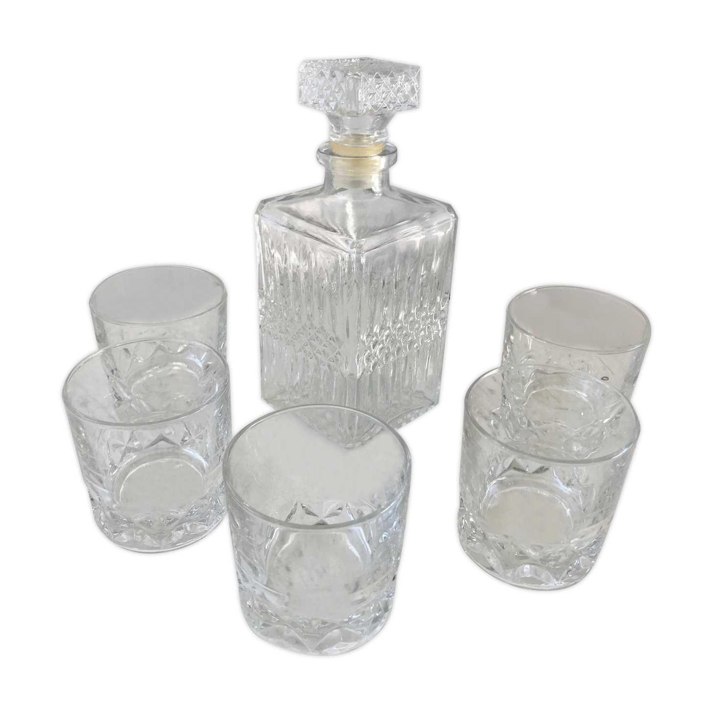 Set of a decanter and 5 whiskey glasses 70s