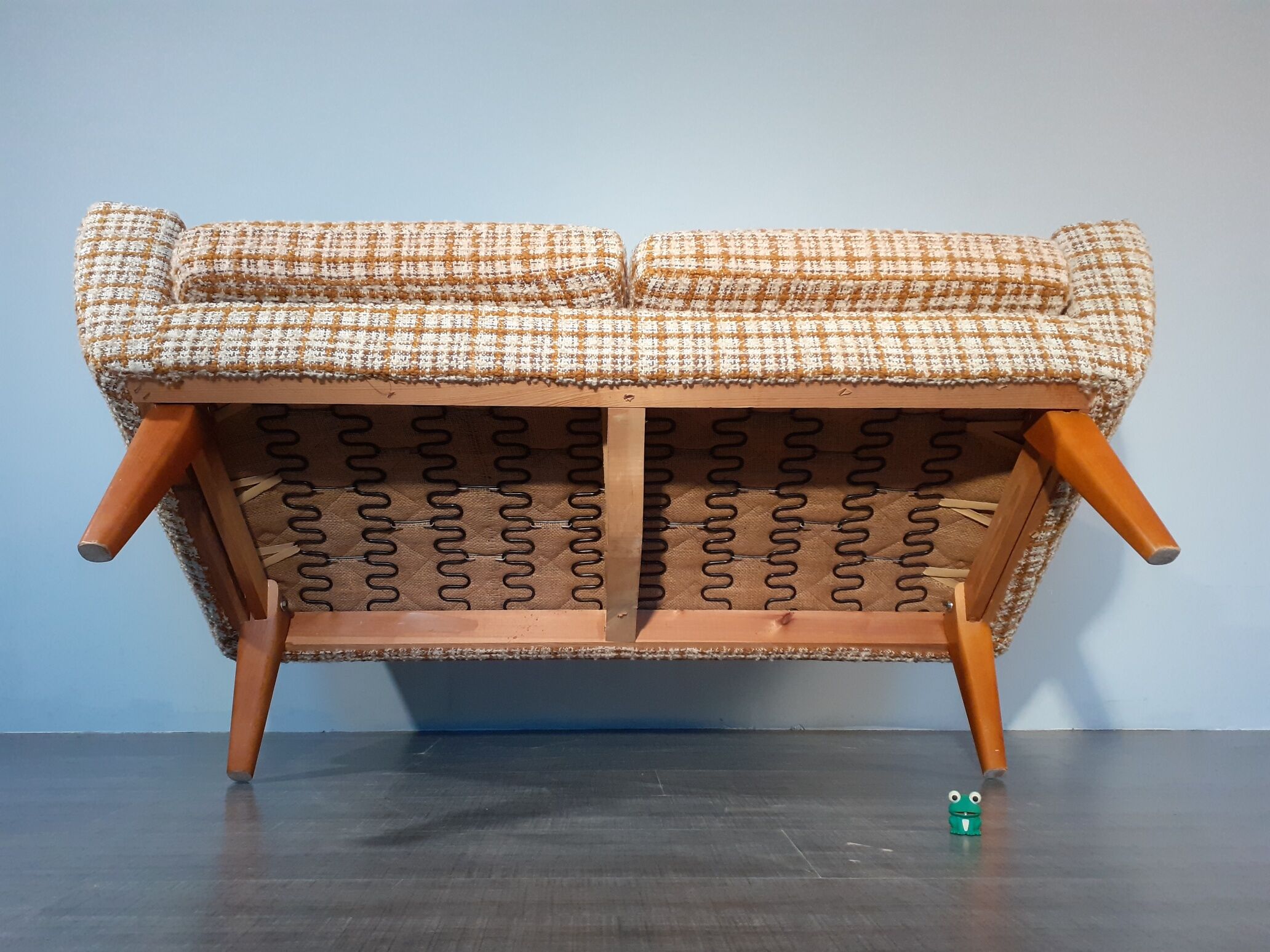 2-seater sofa in teck and beige wool, vintage scandinavian 1960s