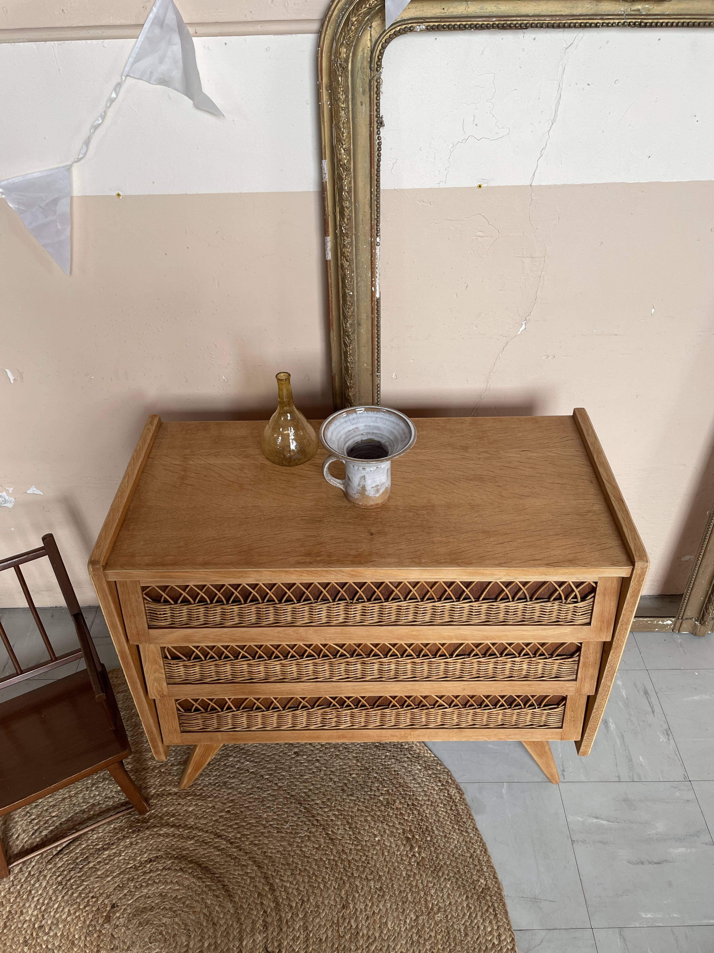 Commode Vintage Bois et Rotin
