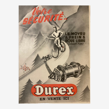 Affiche ancienne velo  votre securité moyeu a frein roue libre  durex  montagne