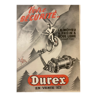 Affiche ancienne velo  votre securité moyeu a frein roue libre  durex  montagne