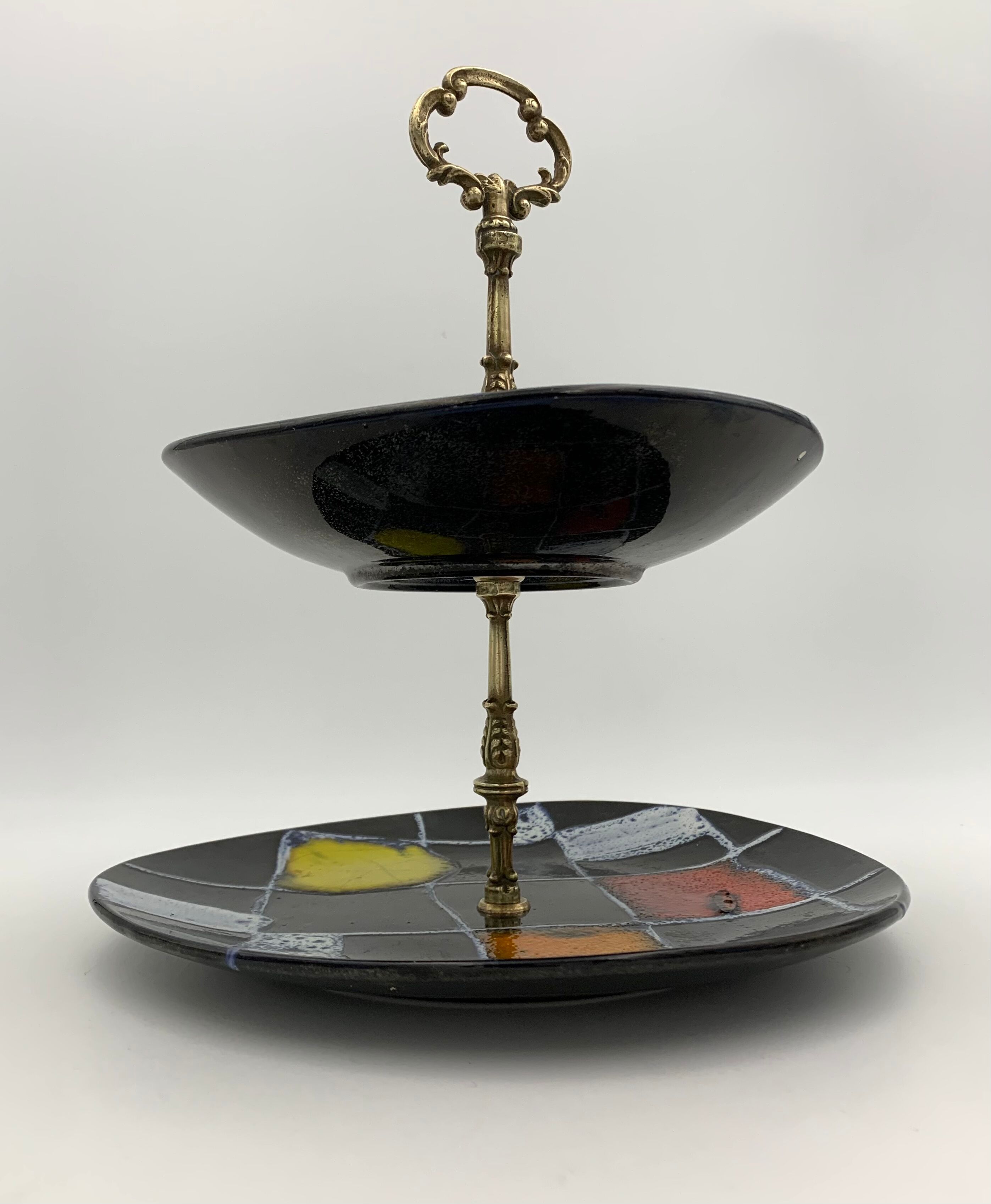 Vintage ceramic and brass cake display 1950s