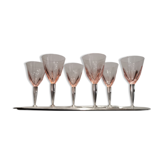6 silver metal foot glass liqueur glasses and their tray from Czechoslovakia