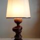 Imposing vintage Scandinavian style lamp in carved turned wood with ring