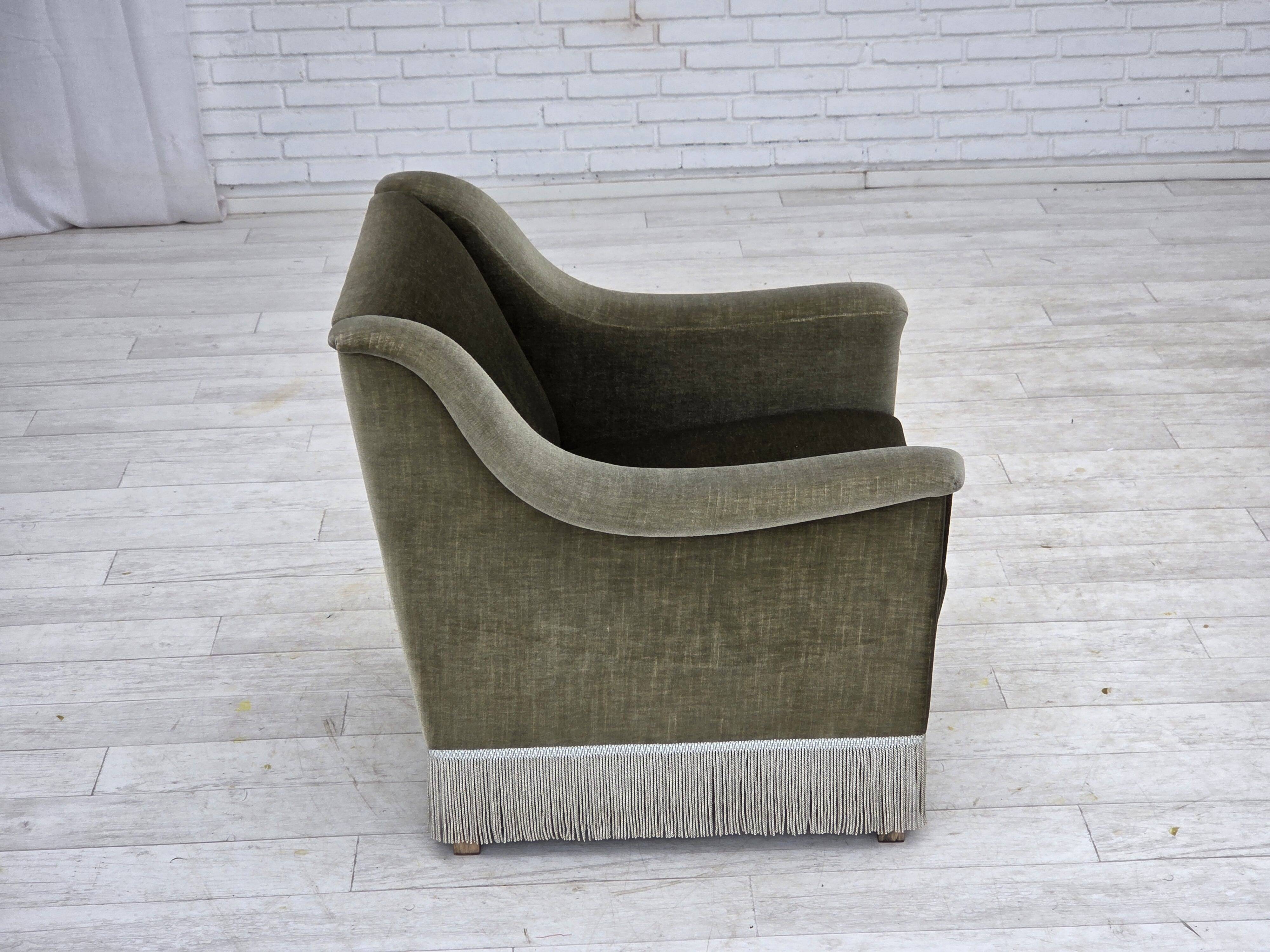 1970s, Danish armchair, original green furniture velour, beech wood.