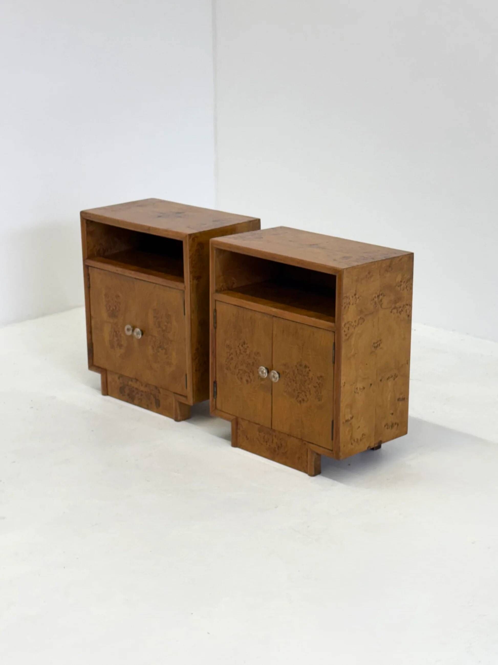 Set of two vintage Art Deco bedside tables with burl wood