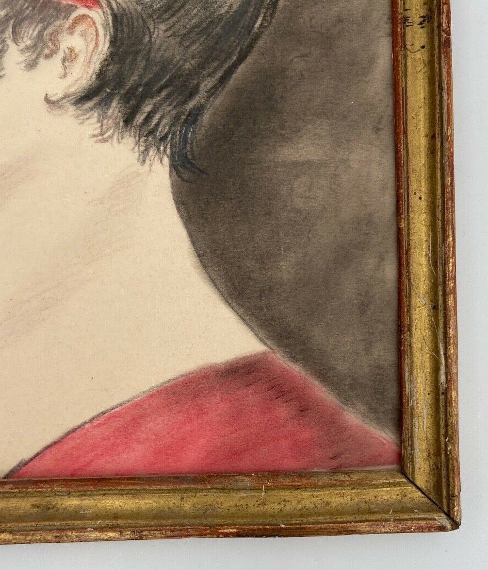 Aquarelle sur papier calque portrait femme travail debut xxe cadre dore