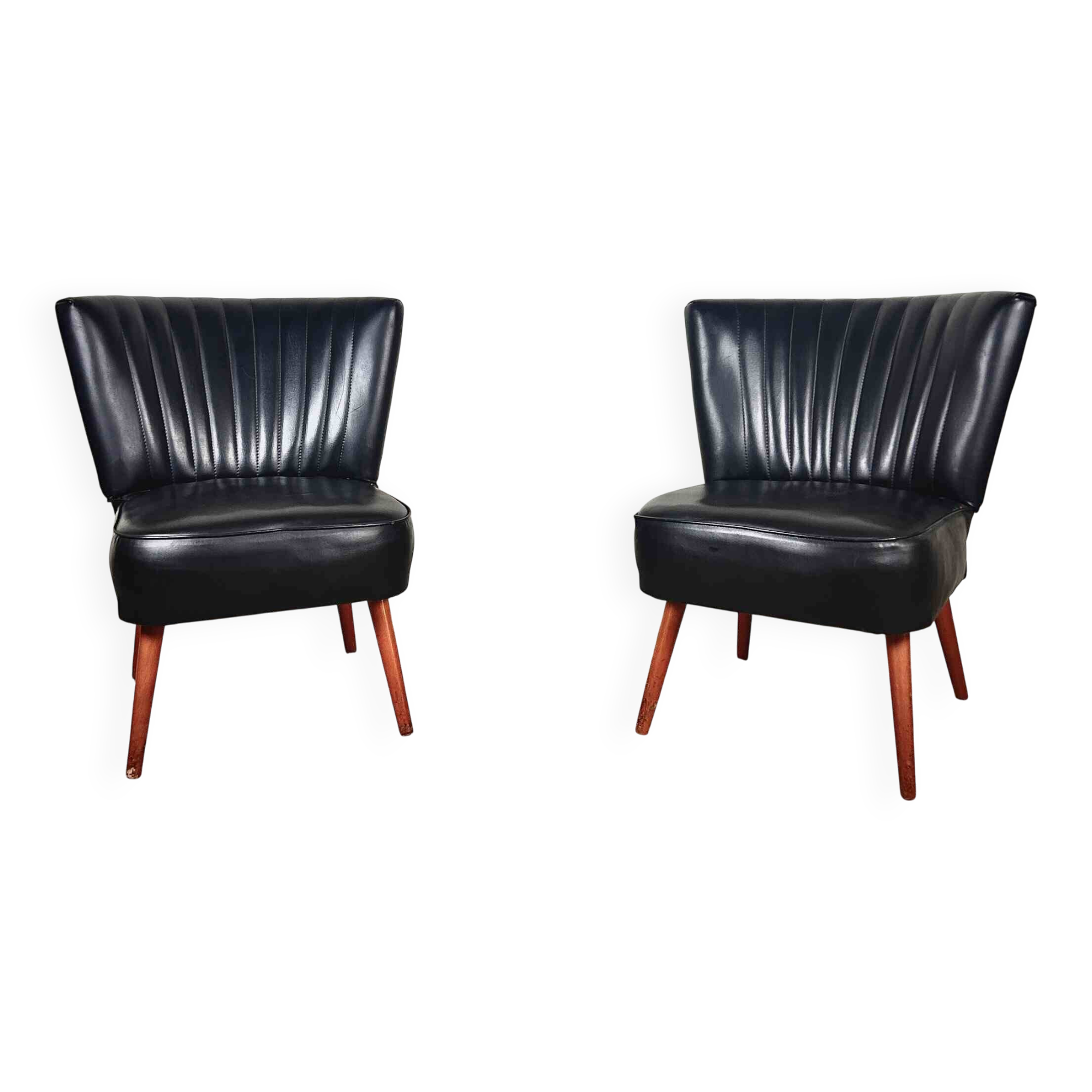 Pair of vintage club armchairs in black leatherette – 1950s