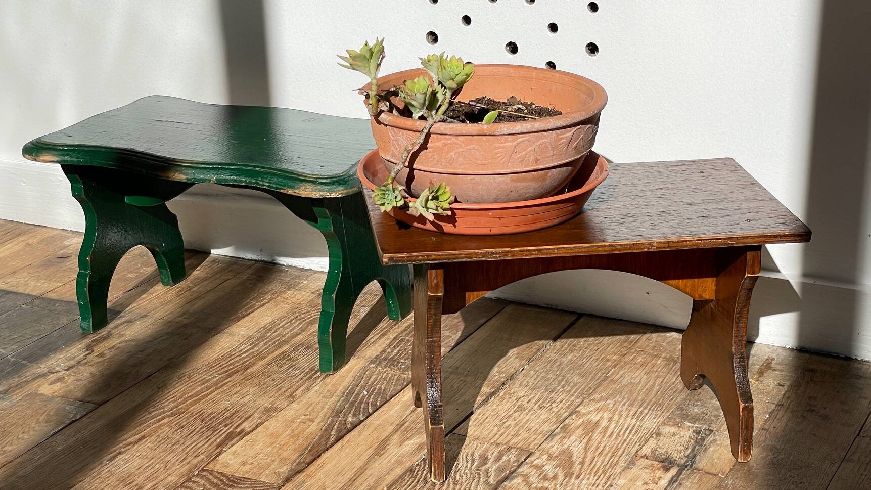 2 vintage wooden bar stools