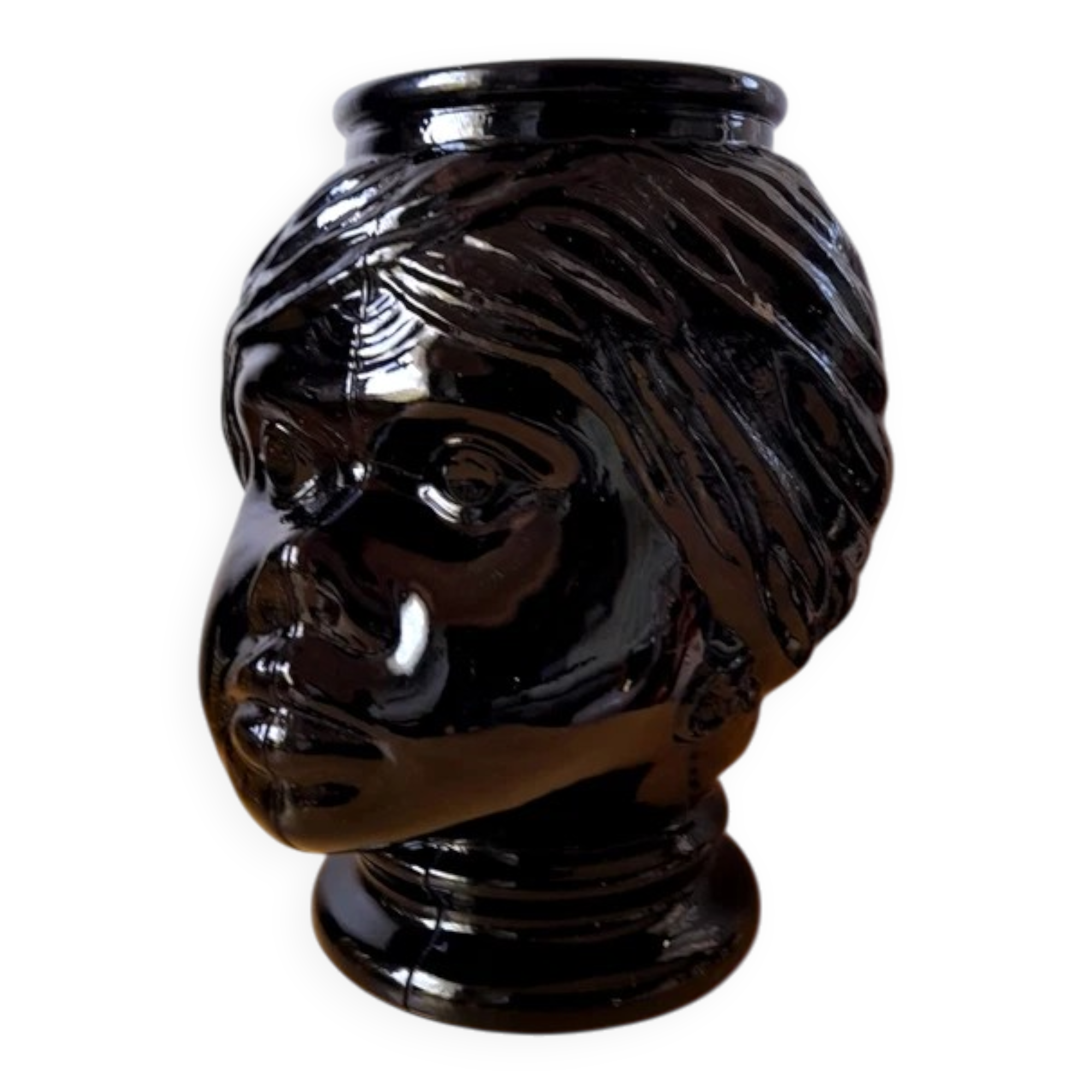 Vase ou cache pot tête de Maure en verre 1970