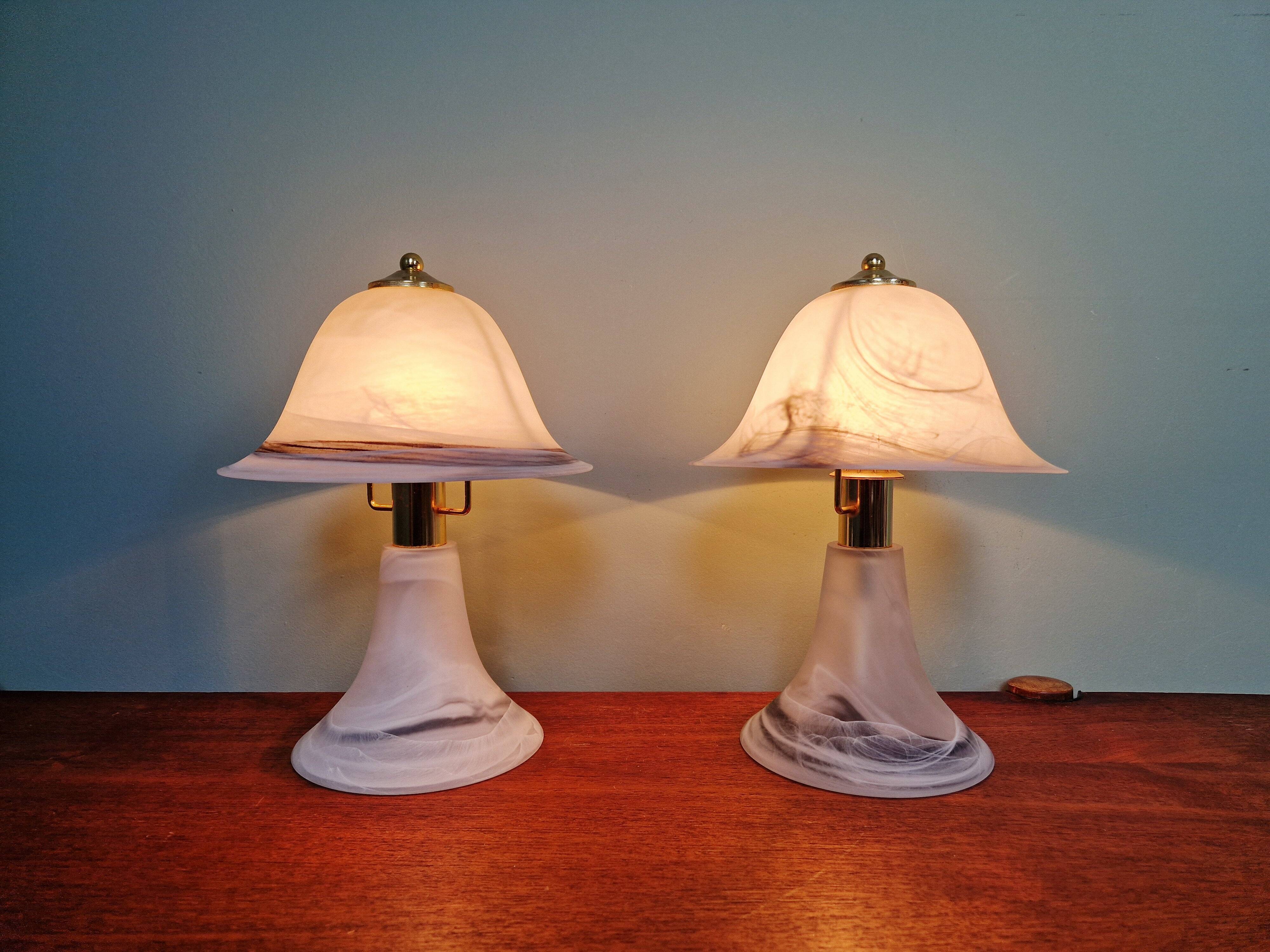 Pair of marbled Murano glass mushroom lamps, 1970s-80s.