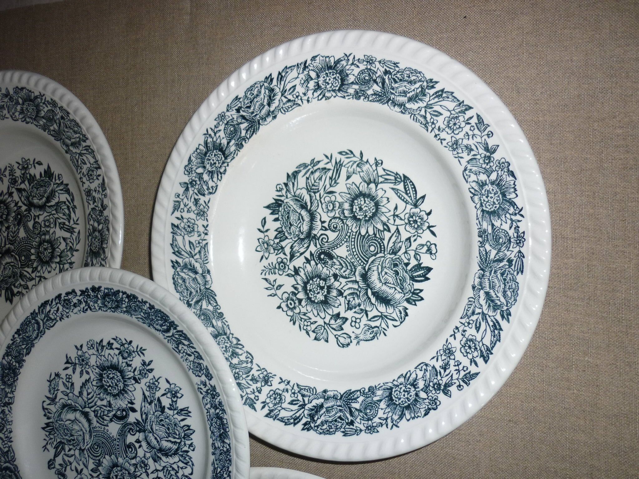 5 antique white and blue ceramic plates