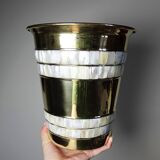 Large vintage champagne cooler bucket in gilded brass and mother-of-pearl