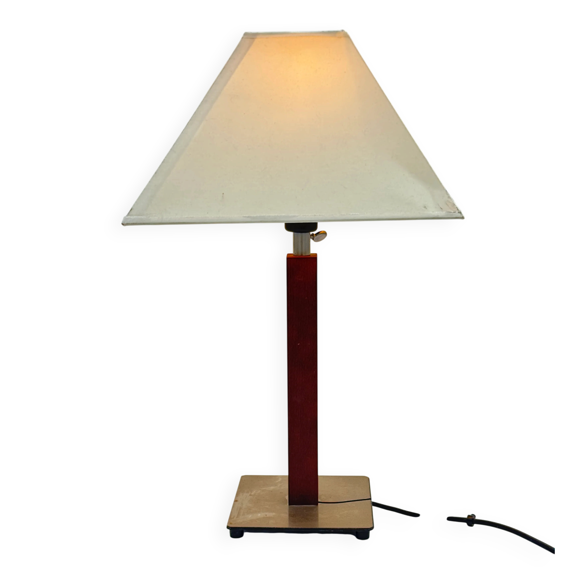 Vintage table lamp with a square wooden column and brushed steel base.