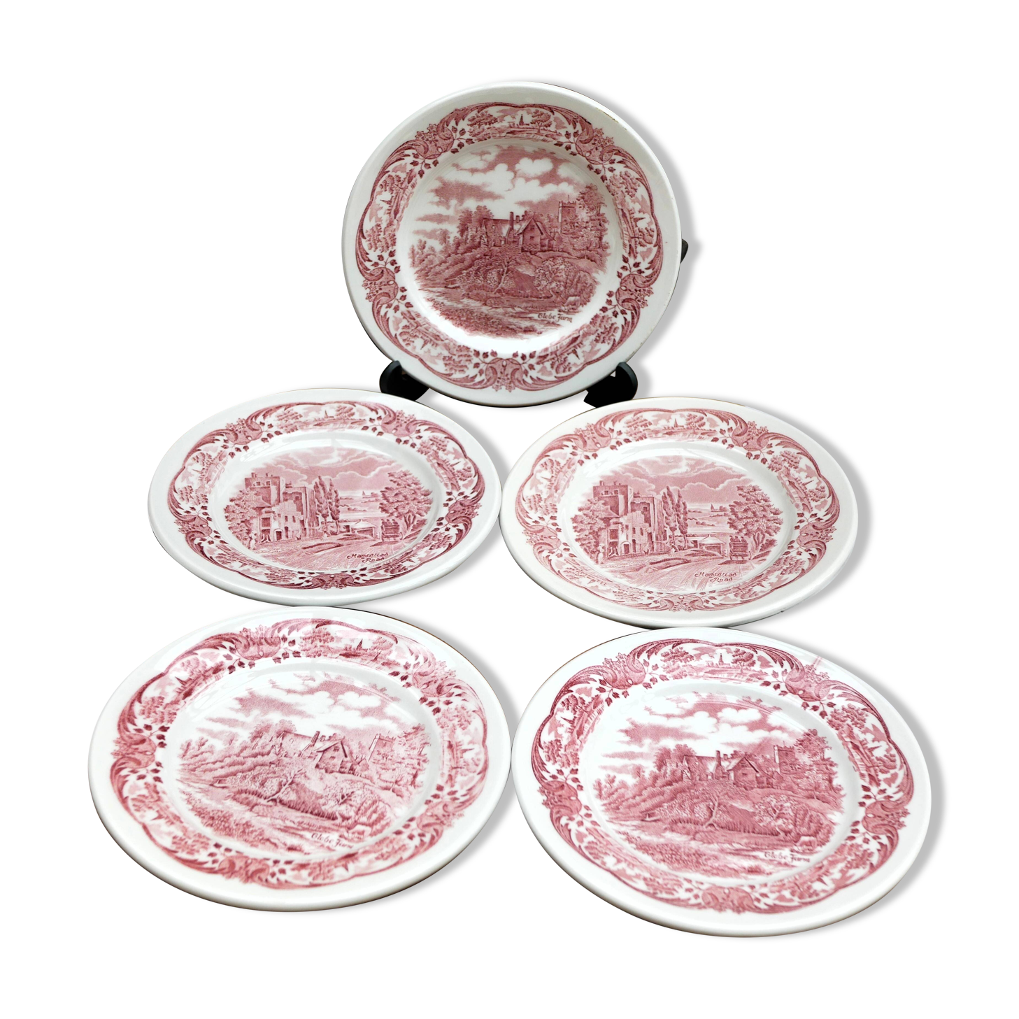 5 assiettes à dessert rouges et blanches en grès de W H Grindley