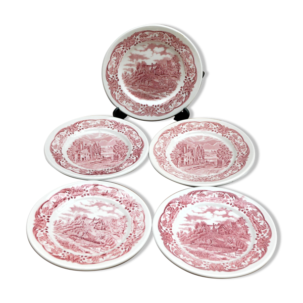 5 assiettes à dessert rouges et blanches en grès de W H Grindley