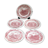 5 assiettes à dessert rouges et blanches en grès de W H Grindley
