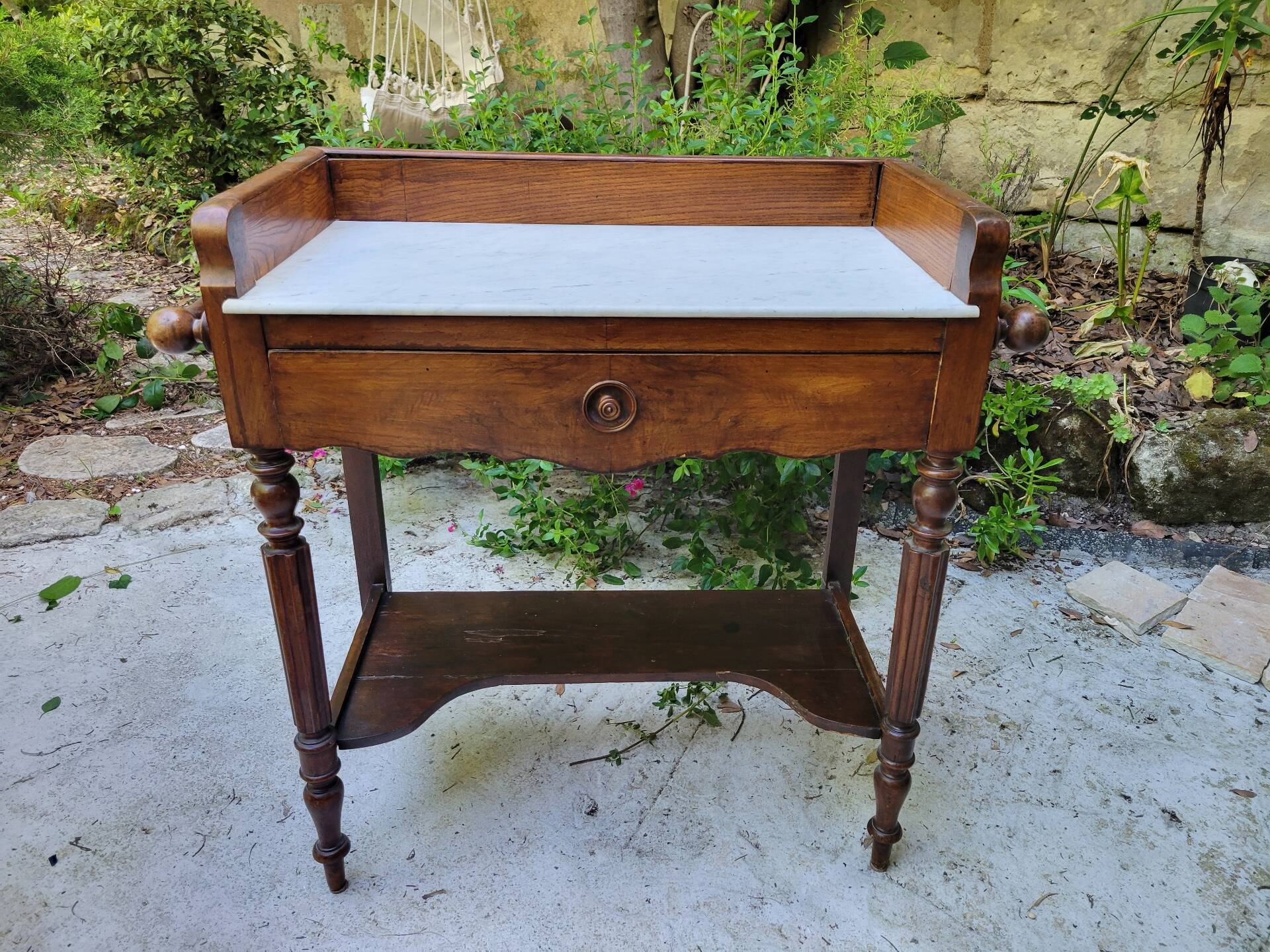 Antique walnut and Carrara white marble dressing table.