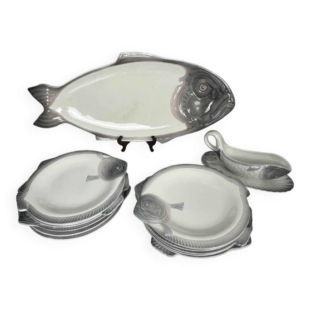 Service à Poisson Porcelaine De Paris - Assiettes, Saucière Et Grand Plat - Vintage