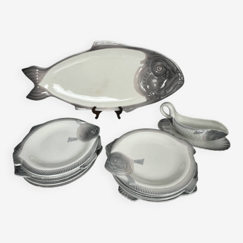 Longwy, service à poisson 12 assiettes saucière plat vers 1930