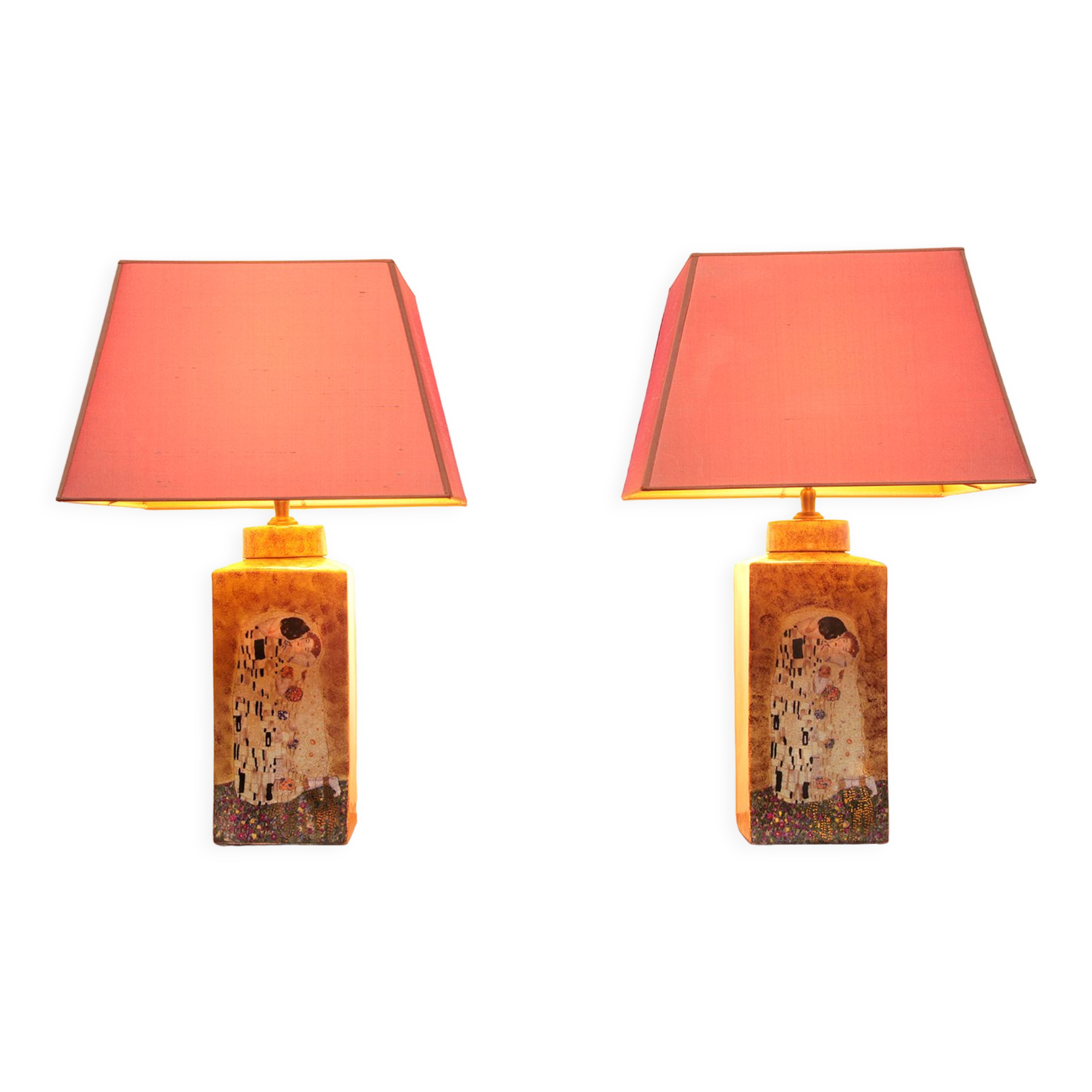 Set of two handmade ceramic gustav klimt table lamps, 80s